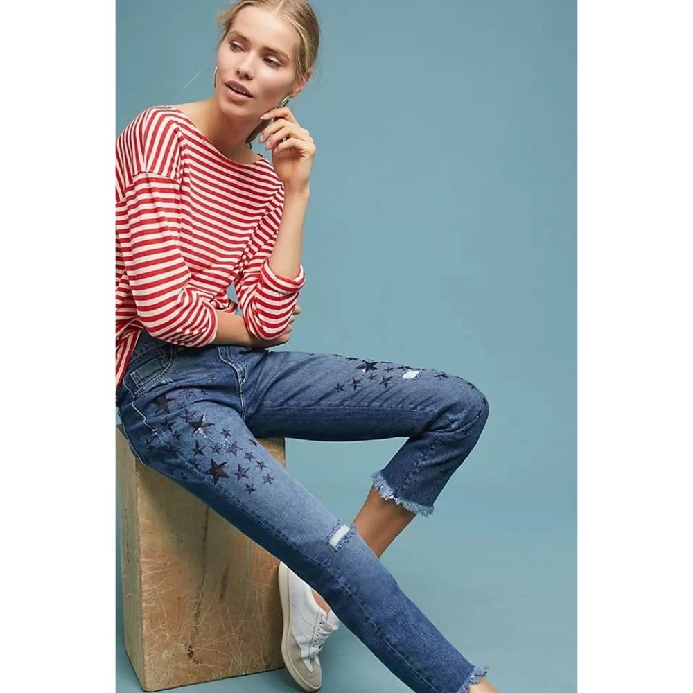 Pilcro Slim Boyfriend Jeans 29 Blue Star Sequin Distress Celestial Anthropologie